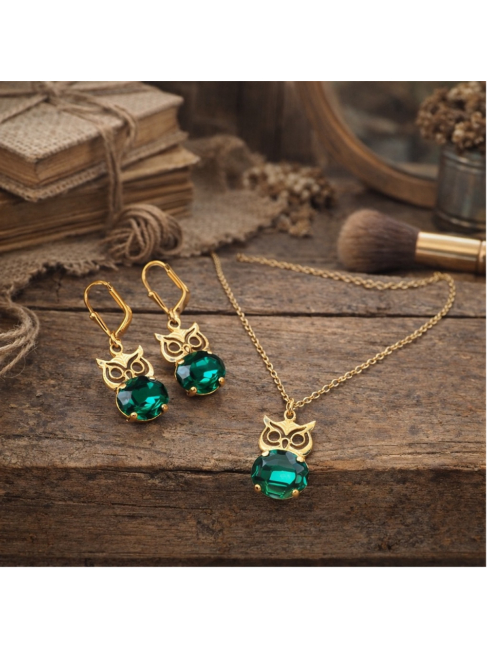 Gold Owl Earrings & Necklace Set – Emerald Green Crystal – Vintage Style